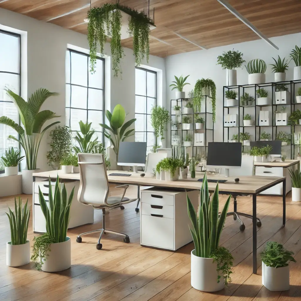 사무실 전체에 적절히 배치된 식물들로 꾸며진 현대적인 업무 공간