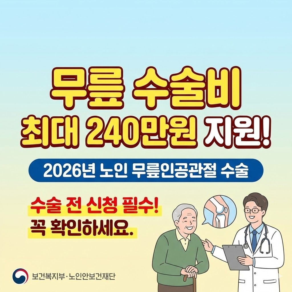 2026년 노인 무릎인공관절 수술비 지원 사업 안내. 대상(만 60세 이상 저소득층), 지원 금액(한쪽당 120만원), 보건소 신청 절차 및 수술 전 신청 필수 주의사항 요약 인포그래픽 이미지