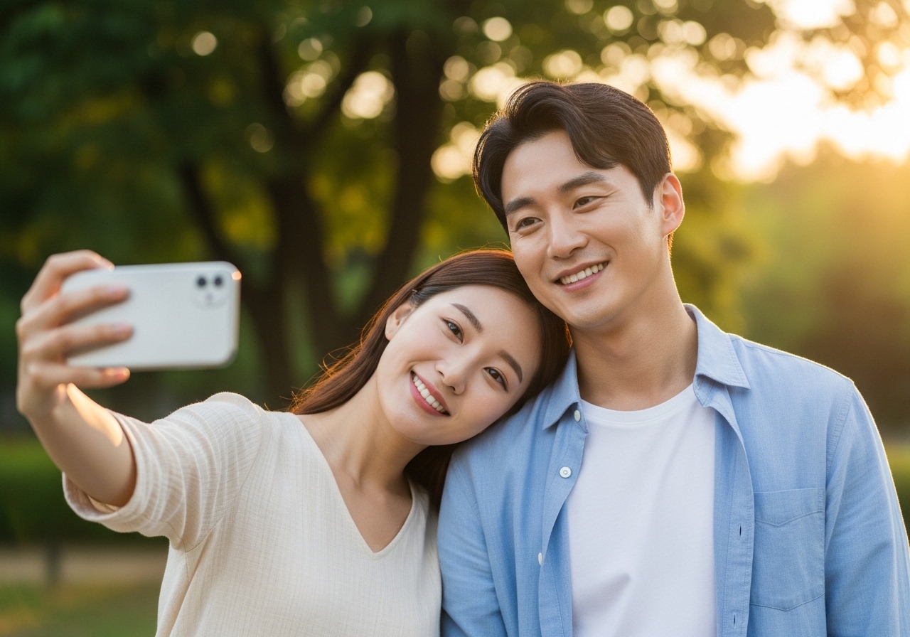 커플이 함께 셀카를 찍는 자연스러운 모습
내용: 컬러 톤만 맞춰도 사진에서 훨씬 자연스러운 커플샷이 완성돼요!