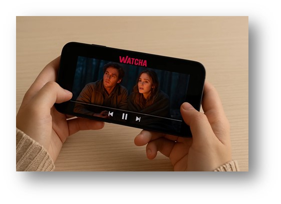 스마트폰에 왓챠 스트리밍 앱을 설치한 후 영화를 감상하는 모습