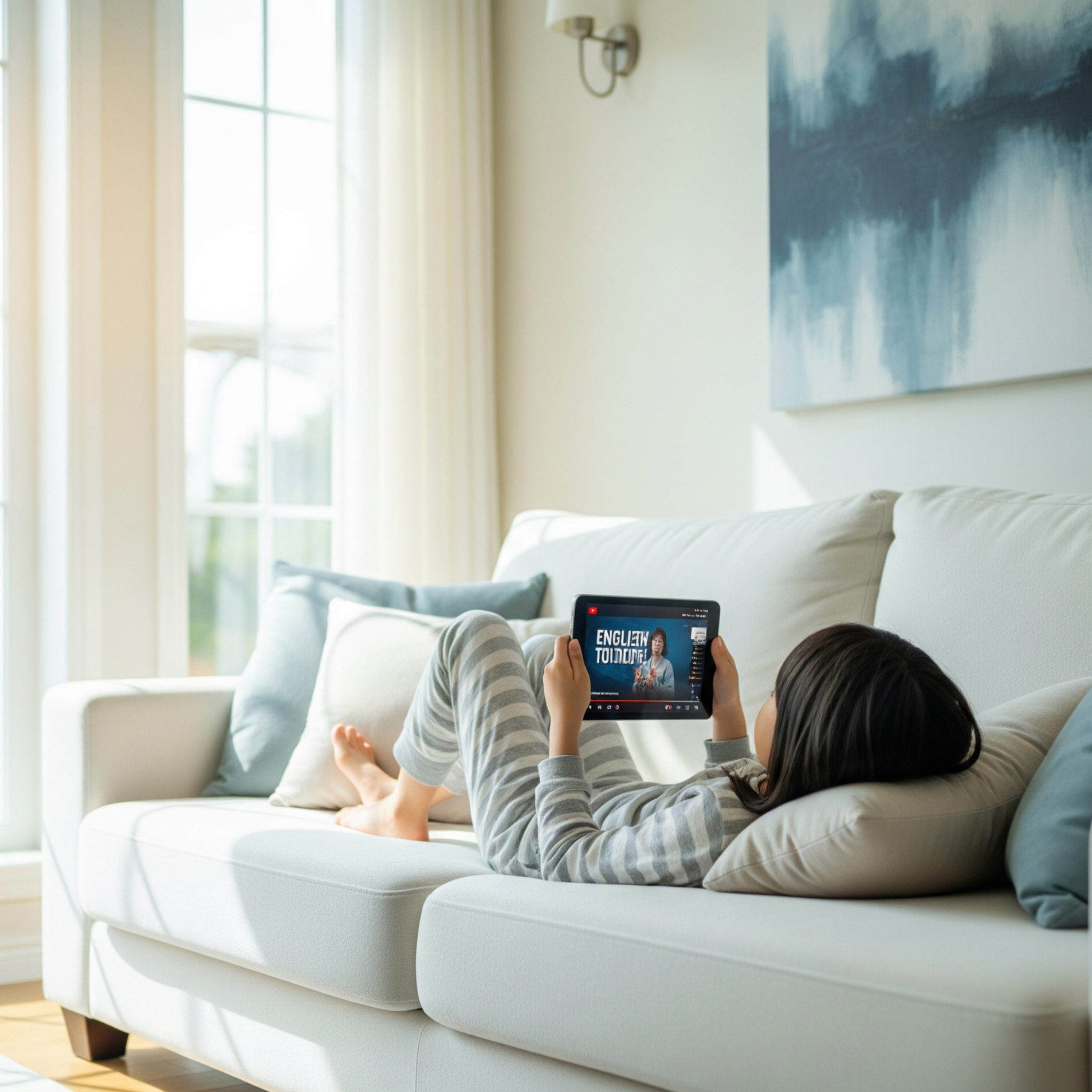 영어 유튜브 채널을 보는 한국 어린이