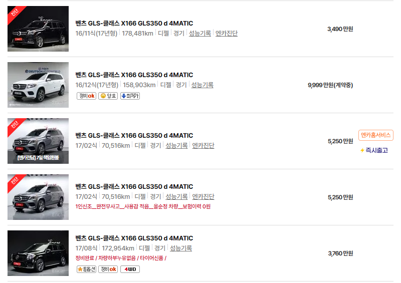 벤츠 GLS 중고차 가격 시세표 24년