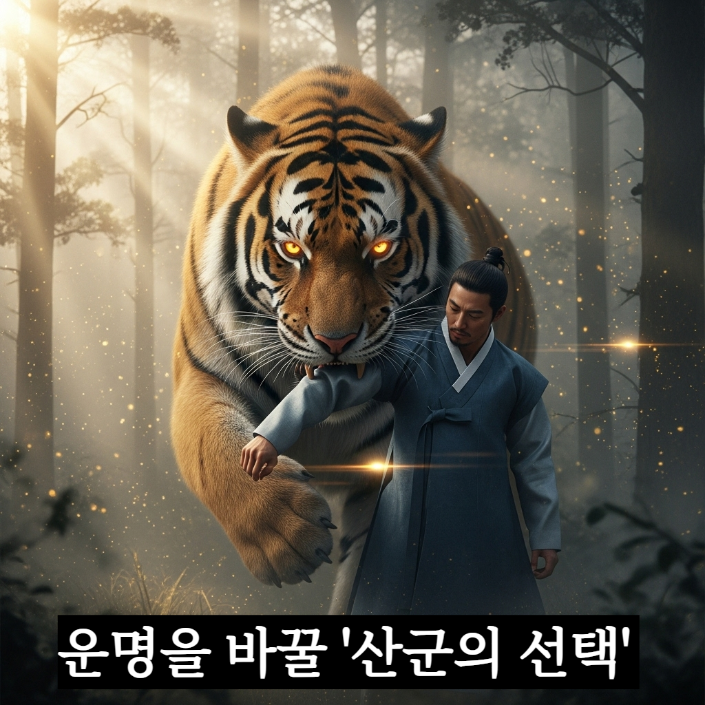 신비로운 안개가 낀 숲속에서 황금빛 눈을 빛내는 위엄 있는 거대한 호랑이에게 팔을 물리는 찰나와 그 주변으로 쏟아지는 찬란한 빛의 조각들을 담은 장엄한 일러스트