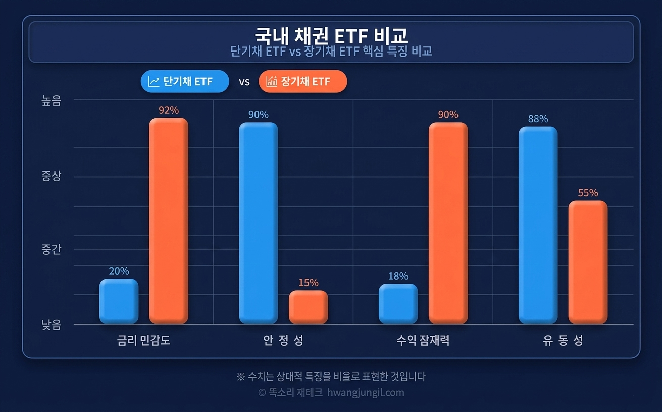 단기채 vs 장기채 ETF 바 차트 (금리민감도·안정성·수익잠재력·유동성 비교)