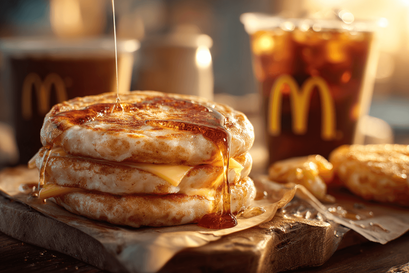 커피와-맥모닝-맥머핀에-시럽이-뿌려진-사진