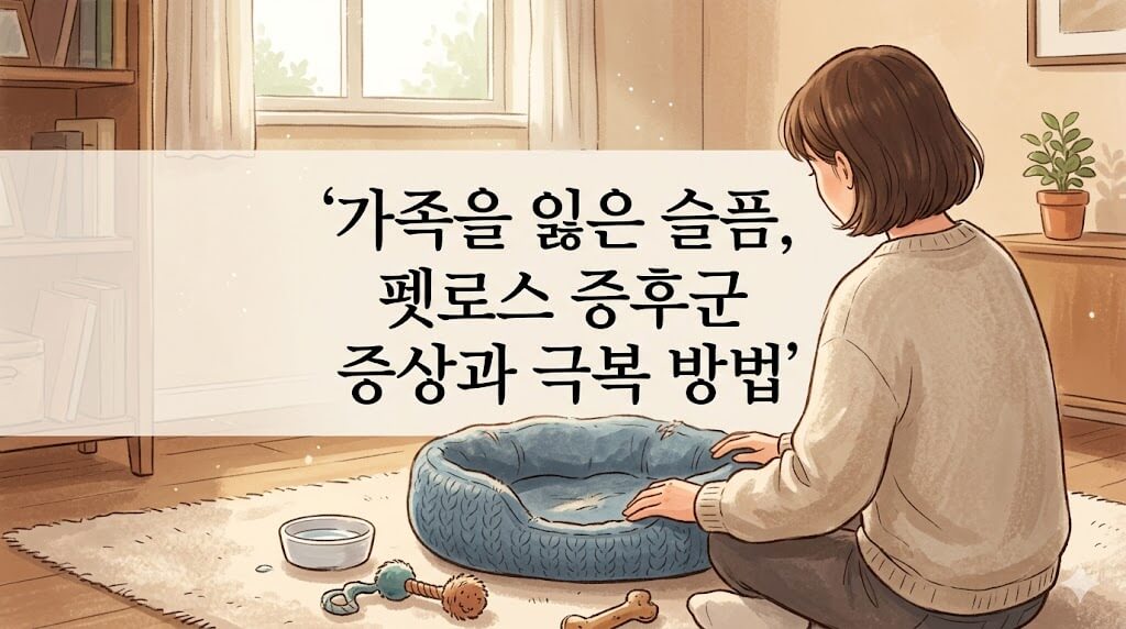 A sorrowful pet owner looking at an empty pet bed inside a warm-lit room, reminiscing about a lost companion.