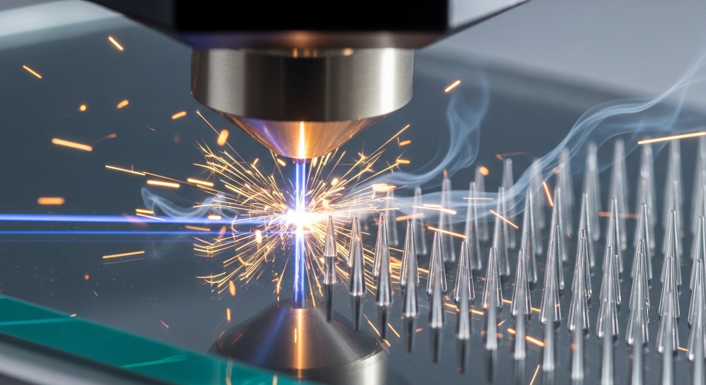 Close-up scene of an ultra-precision laser beam drilling microscopic holes (Via) in glass, with sparking details.