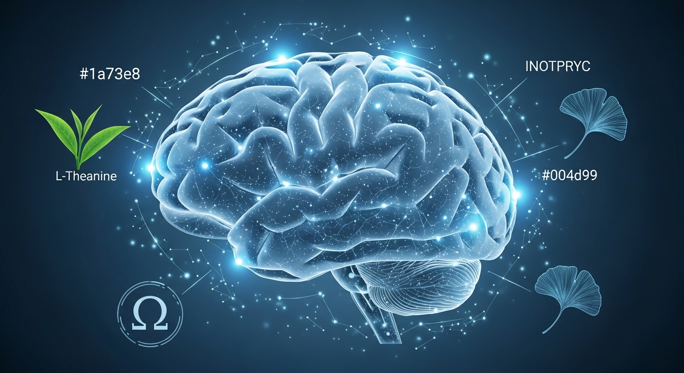 복잡하게 연결된 빛나는 신경망을 가진 뇌 이미지로, 노오트로픽 영양제로 향상된 인지 기능과 집중력을 상징합니다.