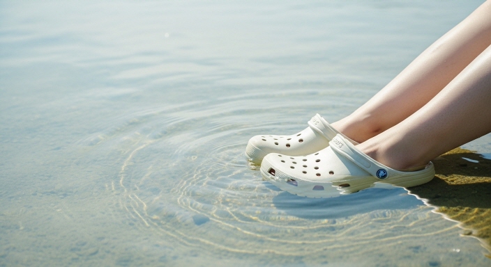 여름 물가에서 발을 담그고 크록스를 신은 모습