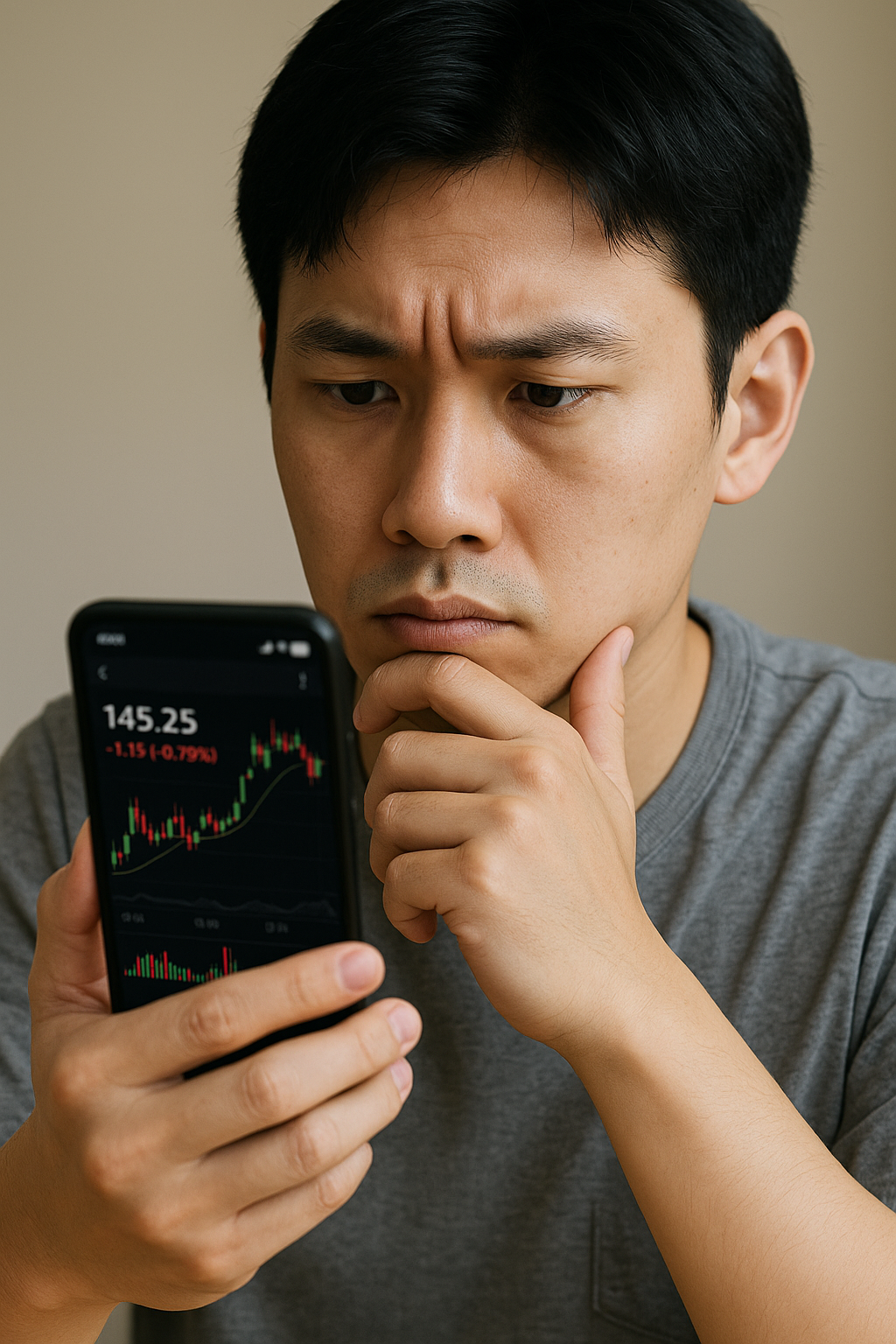 식 앱을 보며 매수 타이밍을 고민하는 초보 투자자 