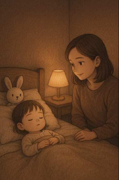 "자는 척하는 아이를 바라보는 부모의 다정한 모습