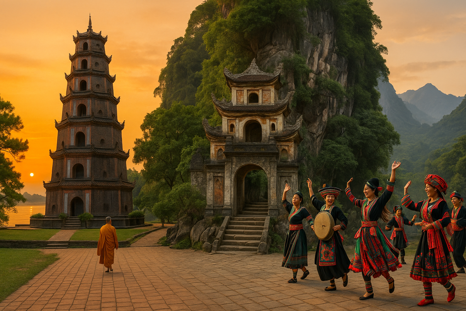해 질 녘의 향강 위에 우뚝 선 티엔무 사원과 석회암 절벽 사이로 보이는 붕동 사원 입구를 배경으로, 전통 의상을 입은 사파 소수민족이 축제 의식을 펼치는 모습