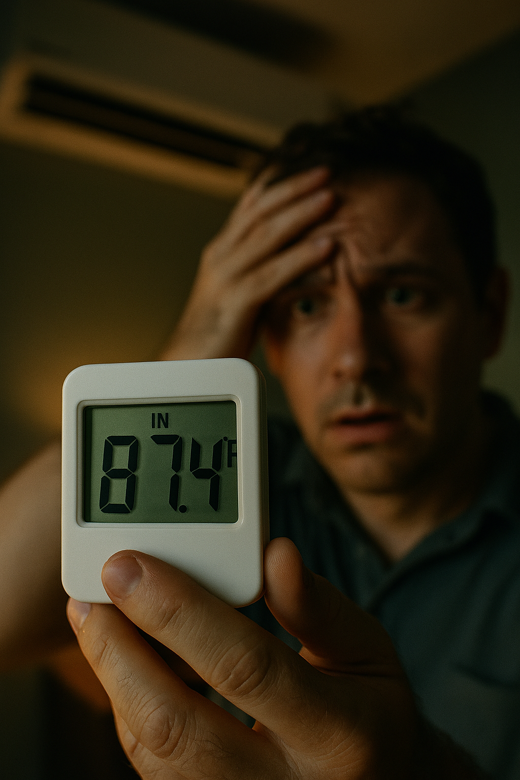 에어컨을 켰지만 실내 온도가 높아 걱정하는 모습과 디지털 온도계