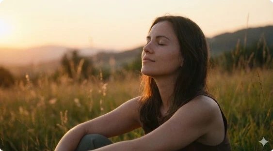 자연 속에서 눈 감고 깊게 숨 쉬는 평온한 모습