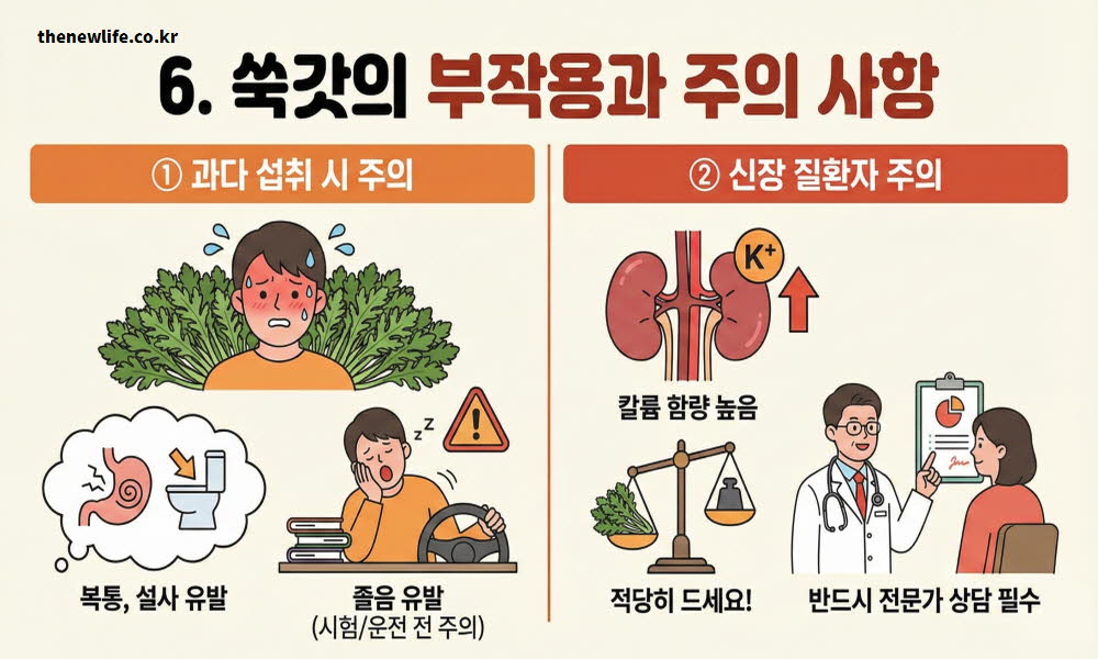 쑥갓의 효능과 주의해야 할 부작용을 설명하는 이미지