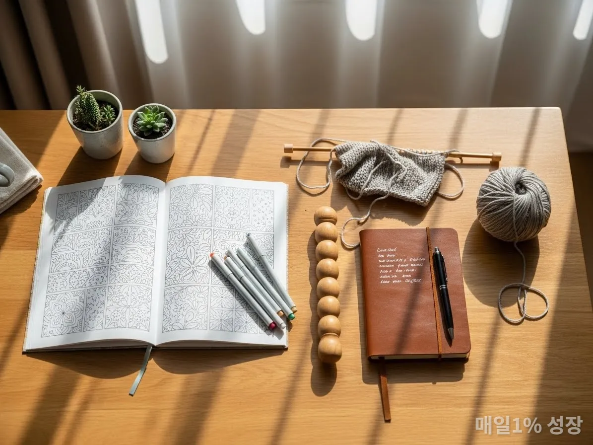 컬러링북, 뜨개질, 일기장 등 저도파민 취미 용품과 마사지 스틱이 놓인 따뜻한 집안 풍경