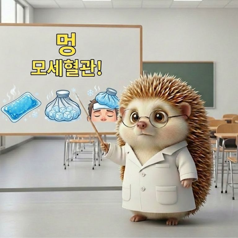 멍이 생겼을 때 냉찜질 해야함을 설명하는 도치씨 모습