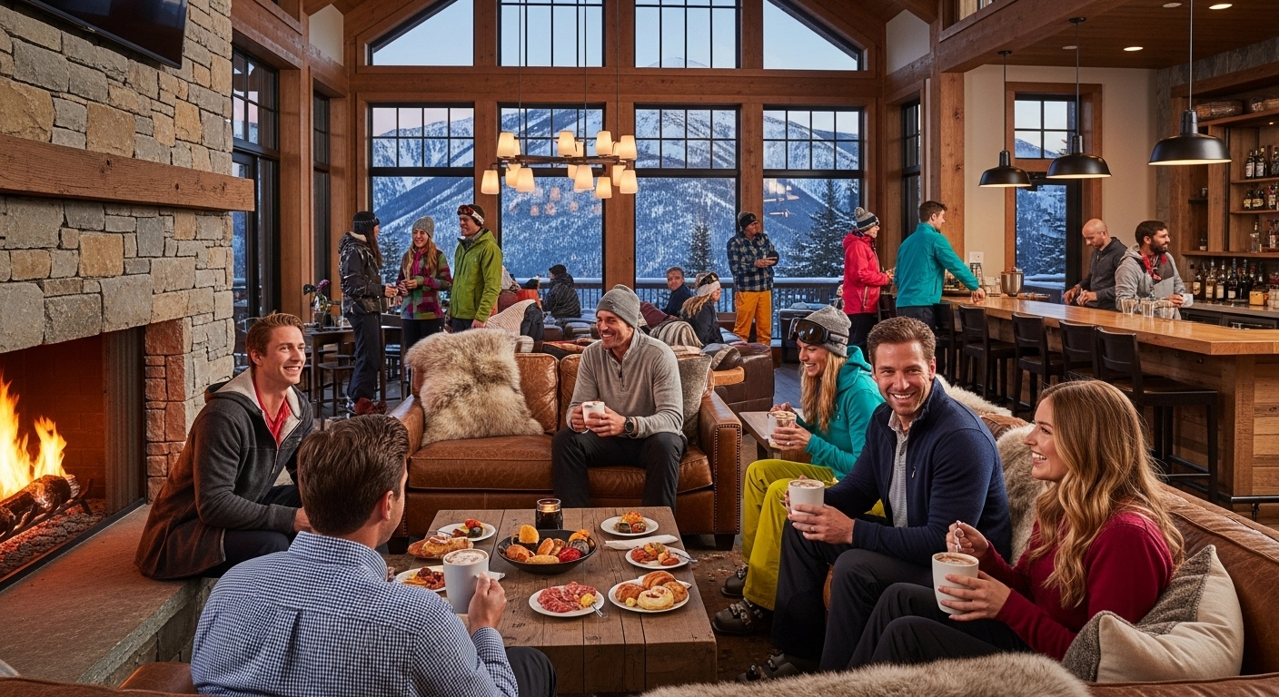 스키장 라운지에서 따뜻한 음료를 마시며 휴식하는 사람들, 아늑한 겨울 분위기