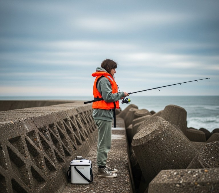 방파제에서 루어낚시하는 사진