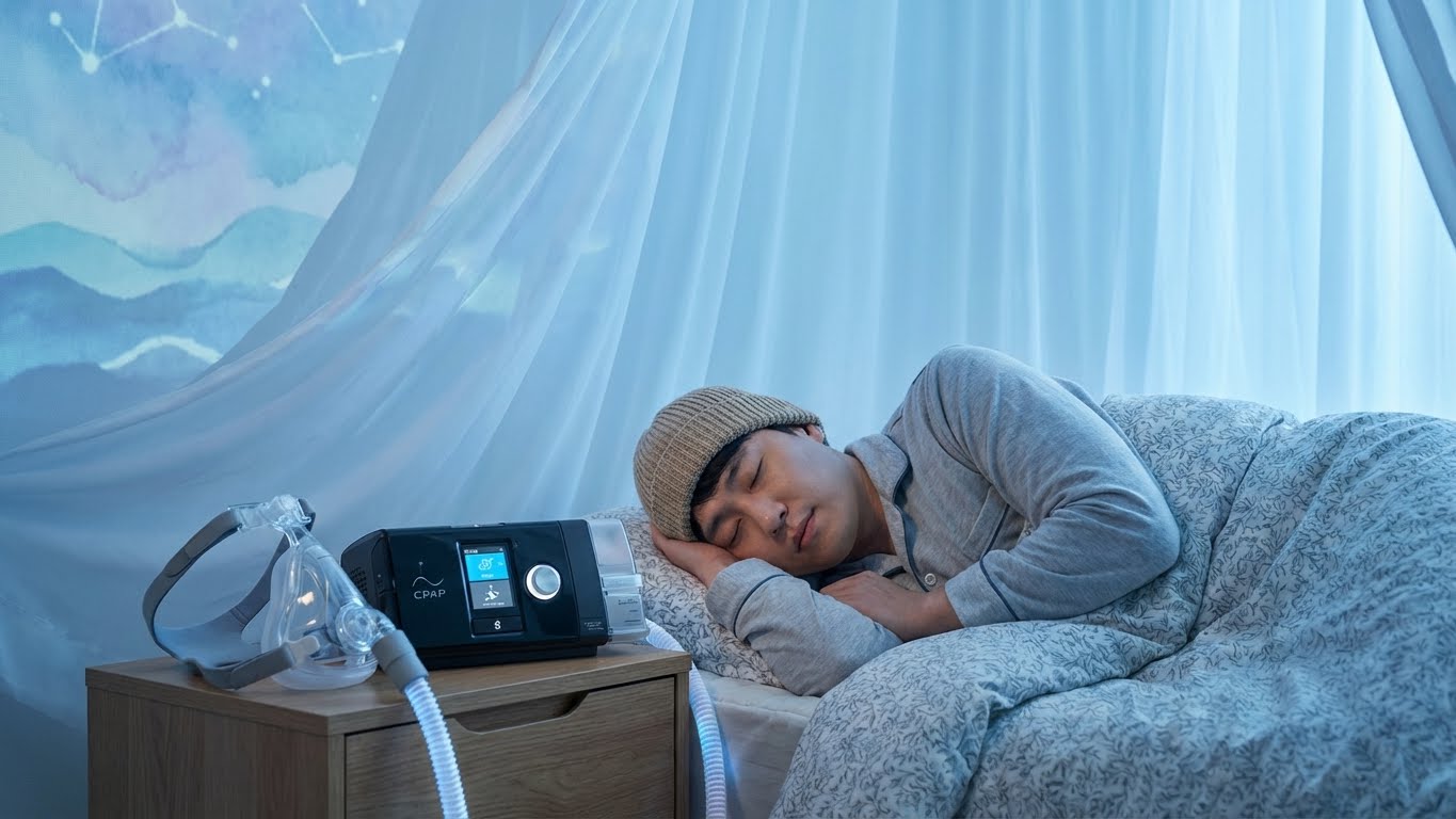 침대 옆 탁자에 놓인 최신형 양압기(CPAP)와 마스크를 쓰고 편안하게 잠든 사진