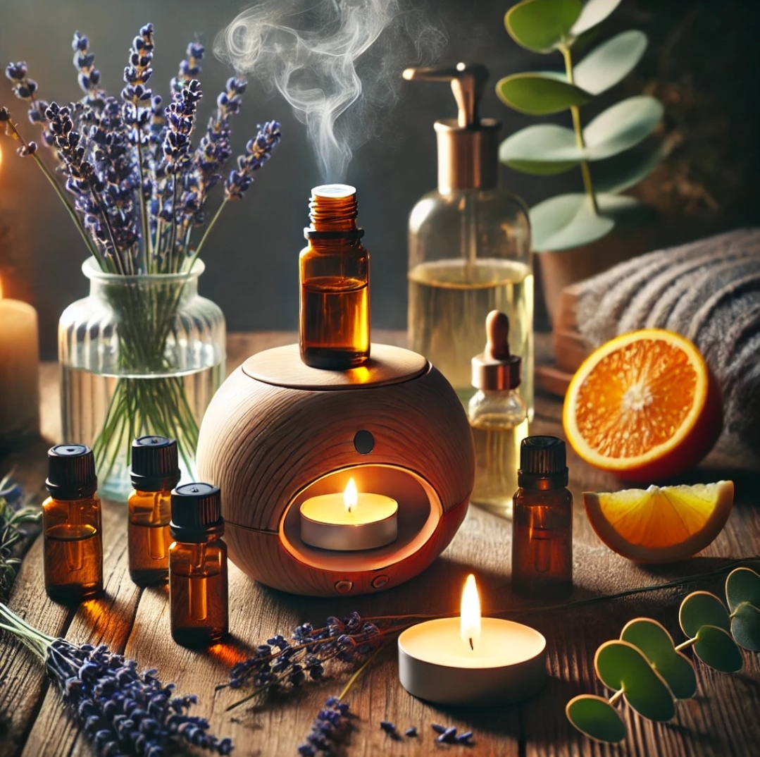 따뜻한 조명 아래 아로마 디퓨저, 에센셜 오일, 허브 등이 놓인 장면