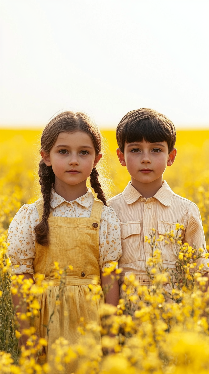 정면을 응시하고 있는 남녀 아이의 사진