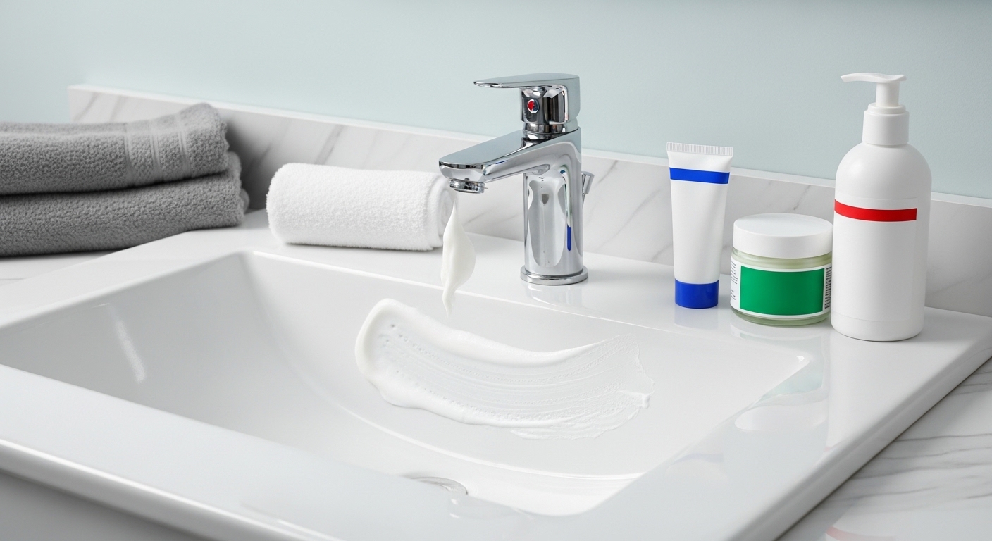 세면대-위에-클렌저,-수건,-의약품-크림이-정돈되어-있는-장면