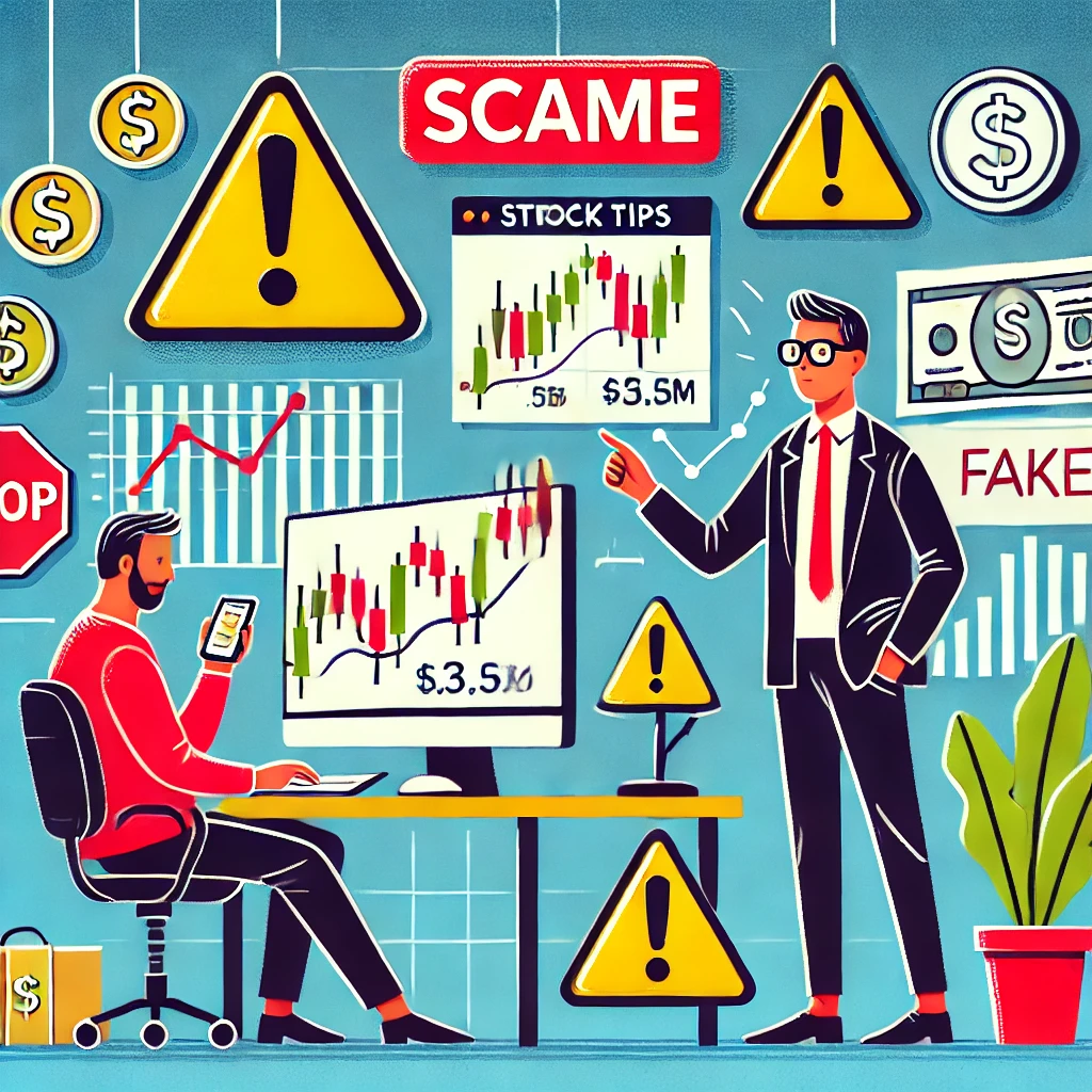 "투자 사기 경고 이미지. 리딩방을 통한 허위 주식 추천과 금융 사기에 대한 경고 메시지를 포함한 그래픽."