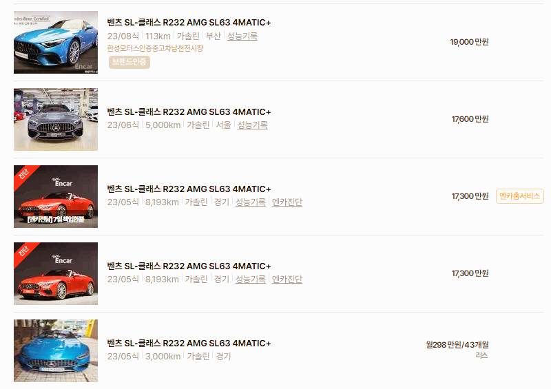 벤츠 SL 중고차 가격 시세표 24년