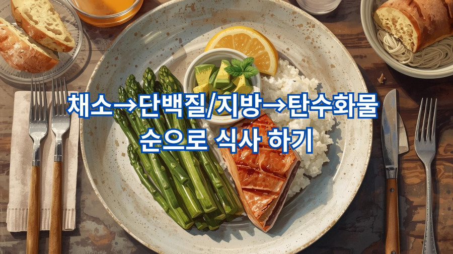 채소&rarr;단백질&rarr;탄수화물 식사 순서를 표현한 심플한 녹색 포인트 디자인