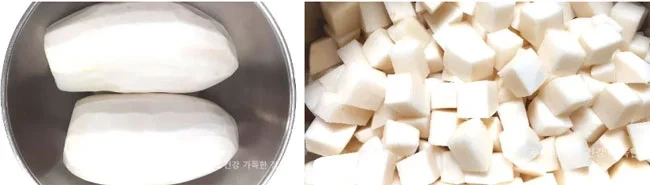 껍질을-벗긴-무2개를-깍둑썰기한-다음-볼에-담아-놓은-모습