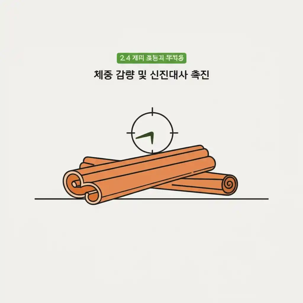 계피 스틱과 줄자가 있는 건강한 식단 이미지로, 계피 효능인 체중 감량 및 신진대사 촉진을 상징합니다.