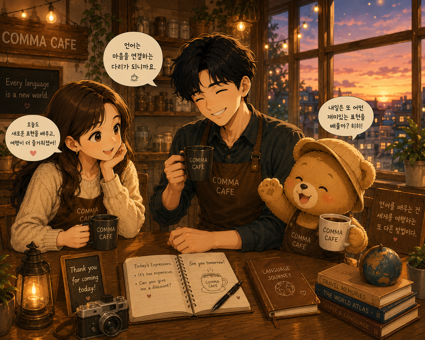 노을이 스며드는 COMMA CAFE에서 하루를 마무리하며 커피를 마시는 쉼표, 푸름, 은돌이