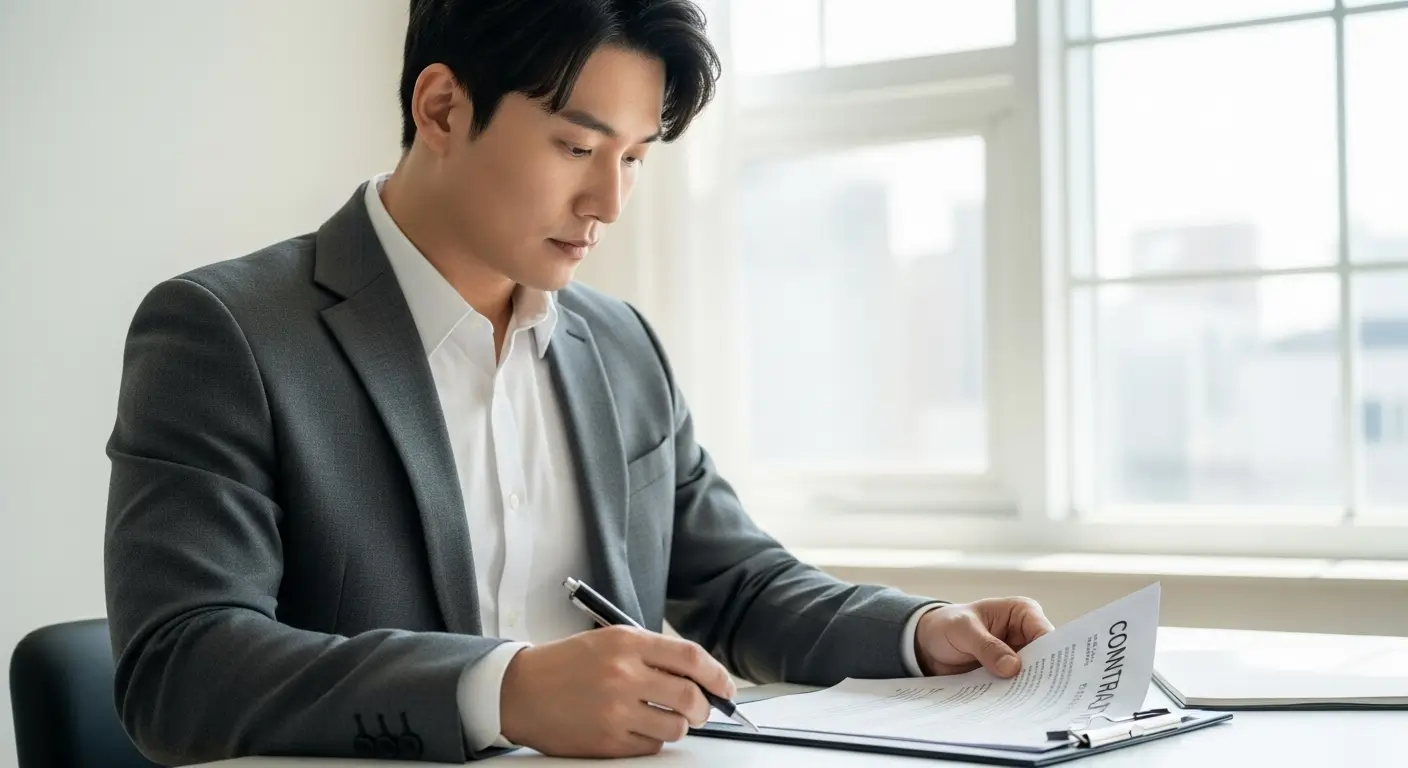 한 한국인 차주가 바로크레디트대부 차량담보대출 계약서를 신중하게 검토하며 서명하는 모습