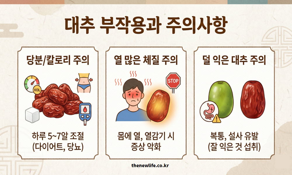 대추 효능과 함께 알아야 할 부작용과 주의 사항을 설명하는 이미지
