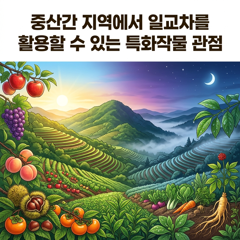 중산간 지역에서 일교차를 활용할 수 있는 특화작물 관점을 시각적으로 표현한 일러스트