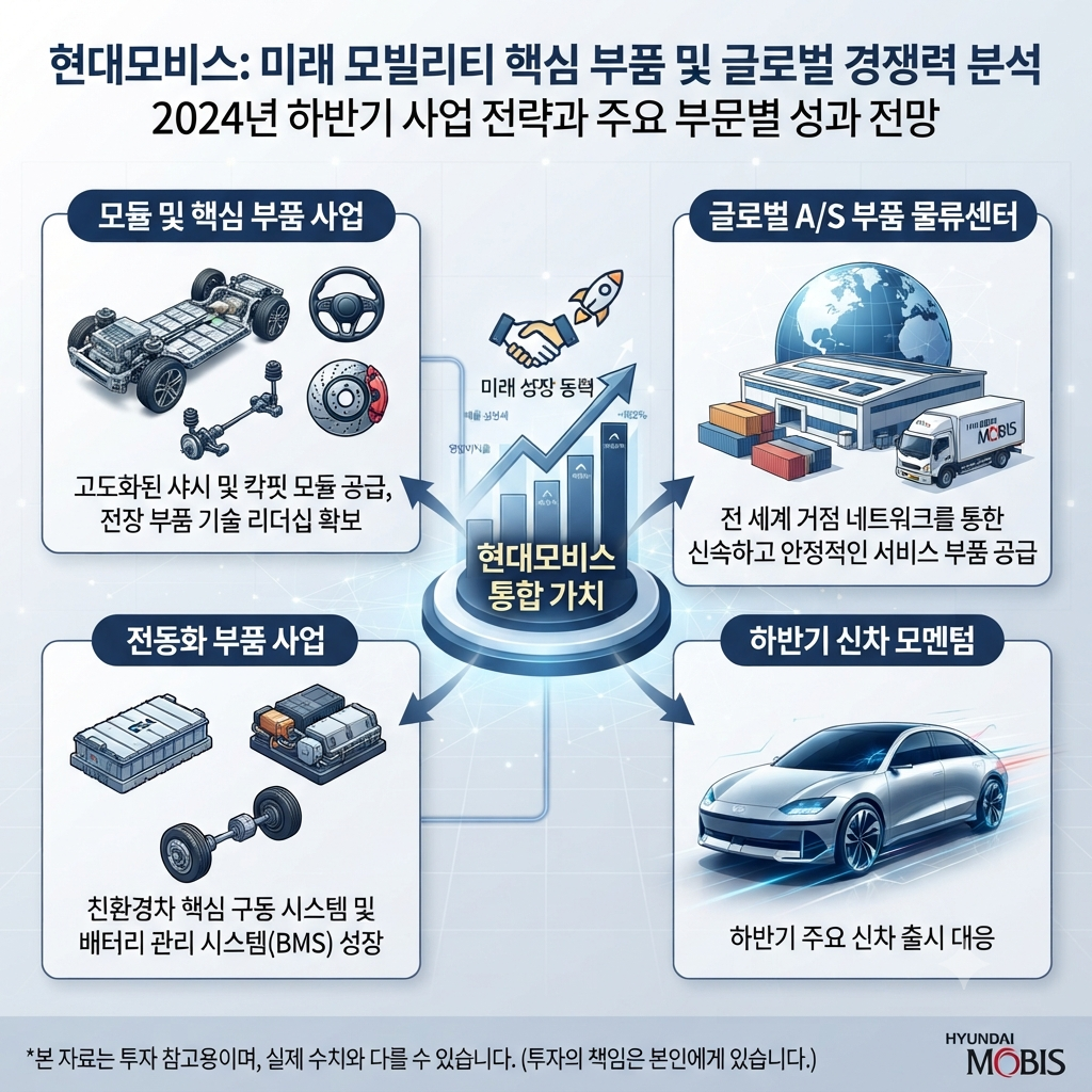 현대모비스의 2026년 실적 전망과 A/S&middot;전동화 사업을 보여주는 자동차 부품 기업 분석 이미지