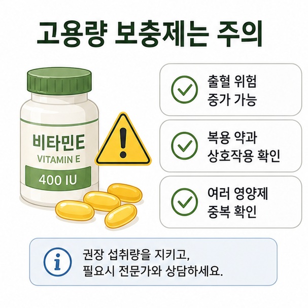 고용량 비타민E 보충제의 출혈 위험과 의약품 상호작용, 영양제 중복 섭취 확인 필요성을 정리한 이미지