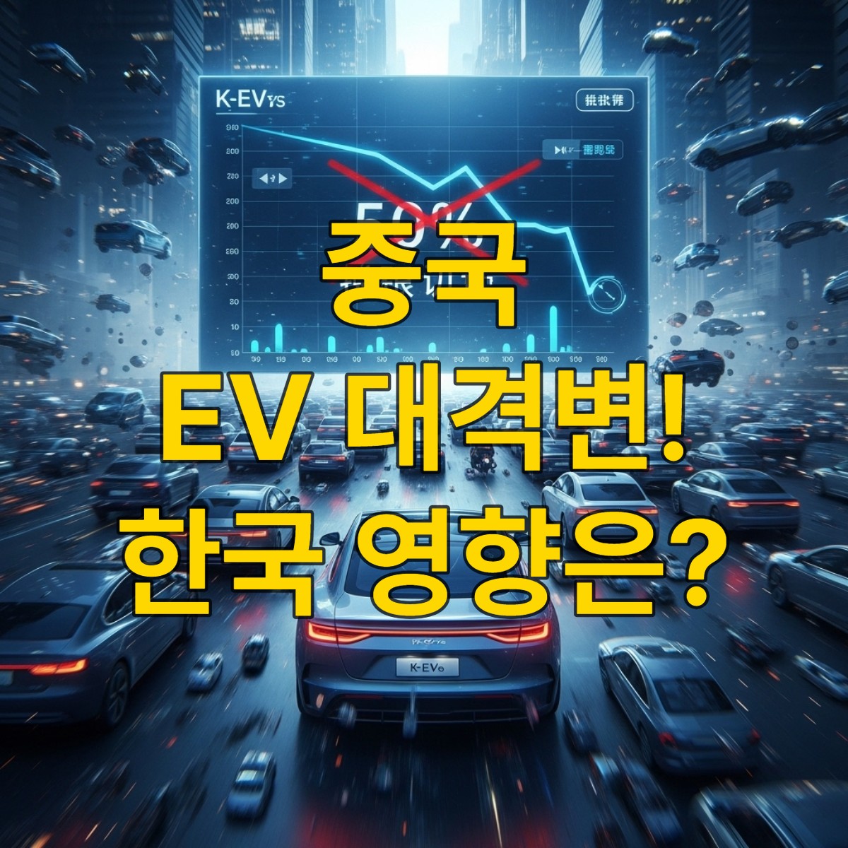 중국 전기차 시장의 취득세 감면 축소로 인한 격변 속에서 기회를 모색하는 K-전기차의 모습을 담은 미래적인 도시 풍경.