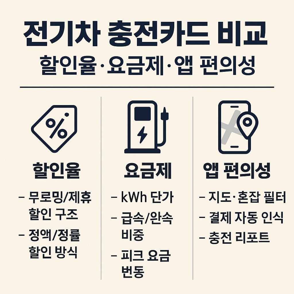전기차 충전카드 비교 인포그래픽: 할인율&middot;요금제&middot;앱 편의성