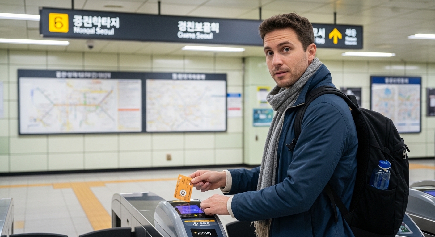 T-money card usage in Seoul subway station by foreign traveler