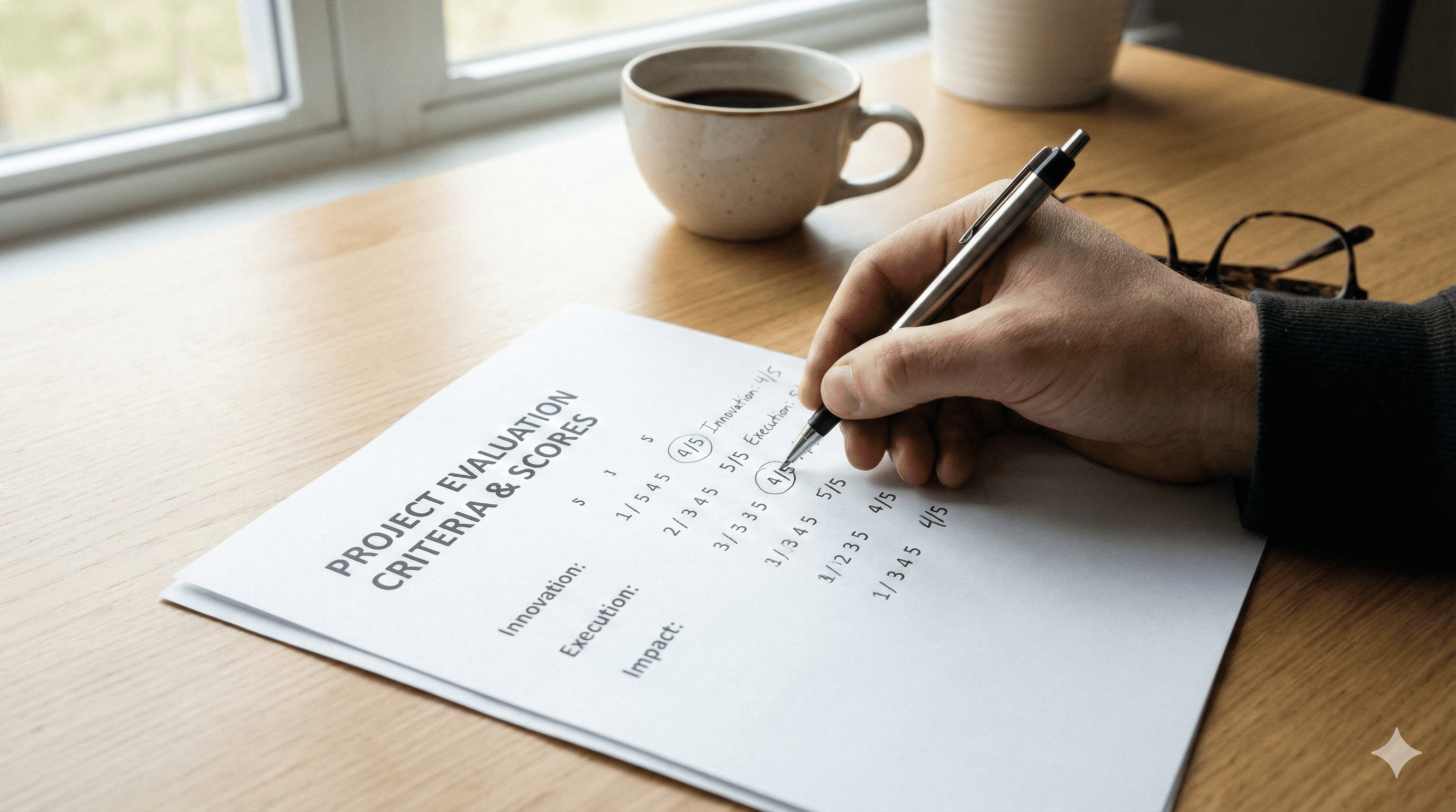 모호한 대화 대신 냉철한 점수로 얻어내는 명확한 비즈니스 인사이트. 실무 기획안의 완성도를 높이기 위해 AI와 함께 평가 기준을 꼼꼼히 체크하며 채점하는 전문적인 모습입니다.