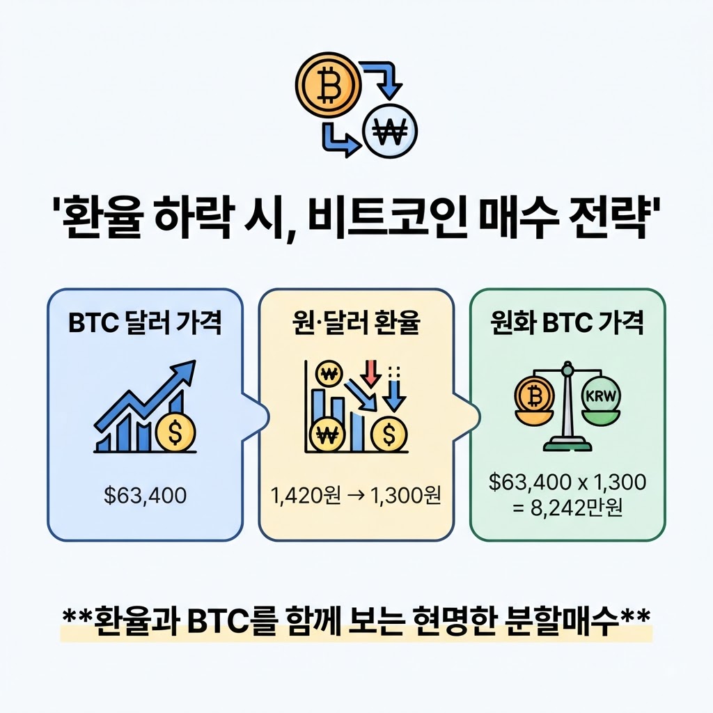 환율 하락 시 비트코인 매수 전략 인포그래픽 - BTC 달러 가격($63,400)과 원&middot;달러 환율(1,420원&rarr;1,300원) 변화에 따른 원화 BTC 가격 환산($63,400 &times; 1,300 = 8,242만원)과 환율 및 BTC를 함께 보는 분할매수 안내 이미지