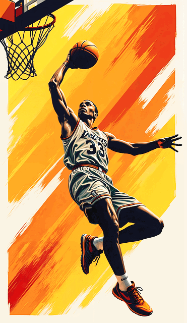 흑인 농구선수가 오른손으로 농구공을 들고 덩크슛을 하기 위해 공중으로 뛰어오른다. 유니폼은 하얀색이다.