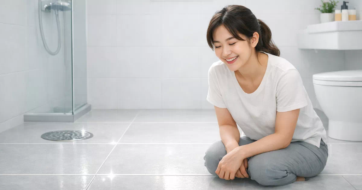 화장실 날벌레 나방파리 퇴치 후 깨끗해진 욕실에서 행복해하는 모습