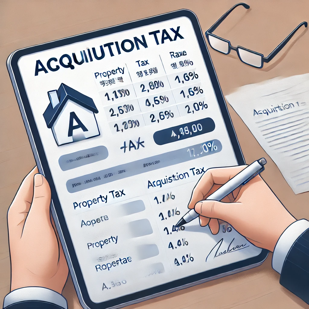 취득세(부동산 구매 시 세금): 부동산 계약서와 취득세율을 검토하는 투자자.