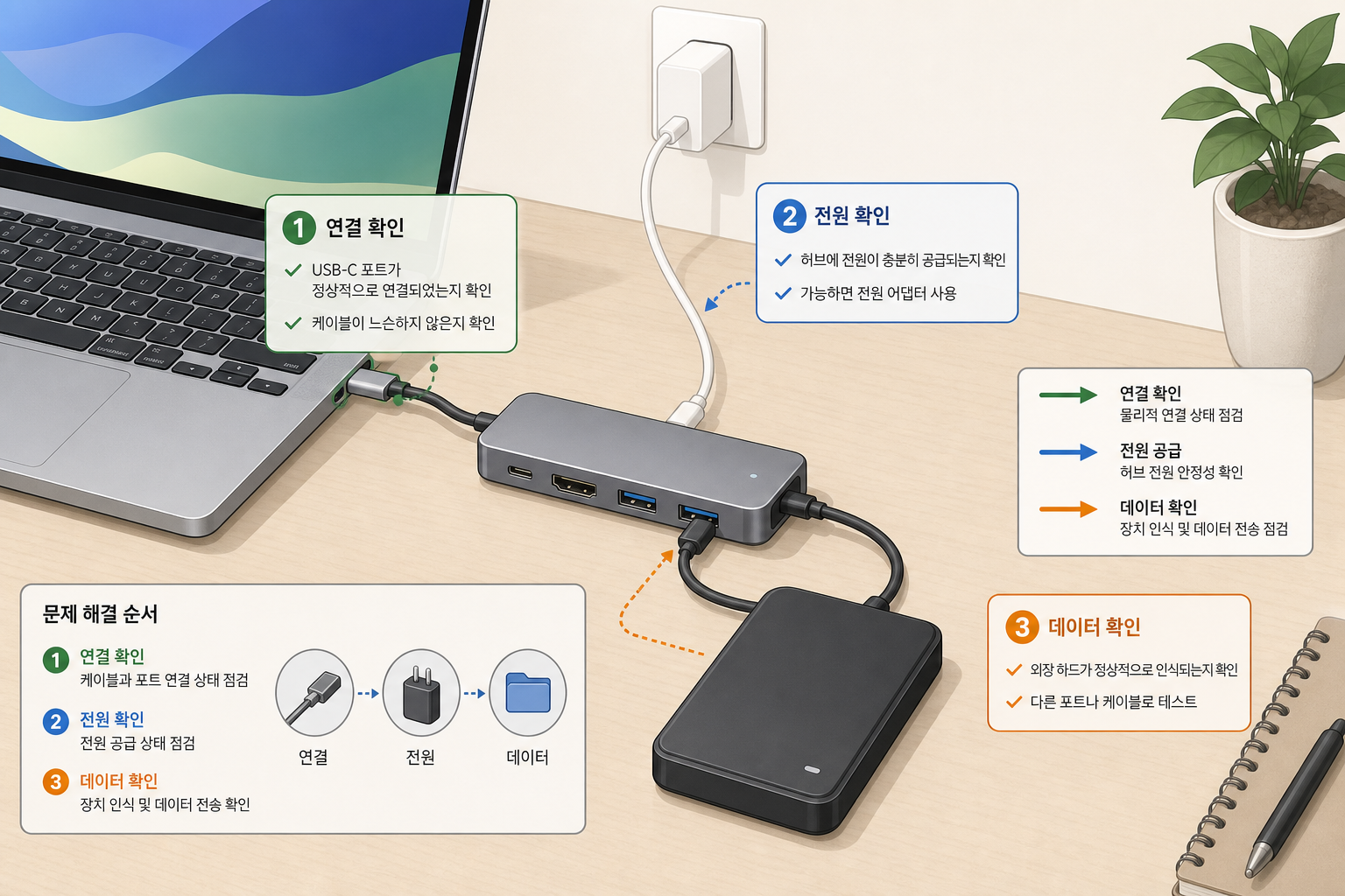 Educational flat of a USB-C hub troubleshooting scene: laptop, USB-C hub, external hard... 설명 도식