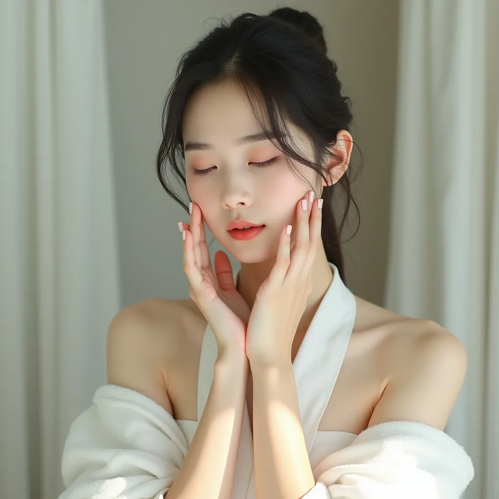 빛나는 피부&amp;#44; 부드러운 메이크업&amp;#44; 손 거치형 얼굴&amp;#44; 몽환적인 표정&amp;#44; 바람에 날린 머리&amp;#44; 흰 가운&amp;#44; 부드러운 조명&amp;#44; 명상 중인 젊은 여성의 초상화&amp;#44; 내성적인 시선 