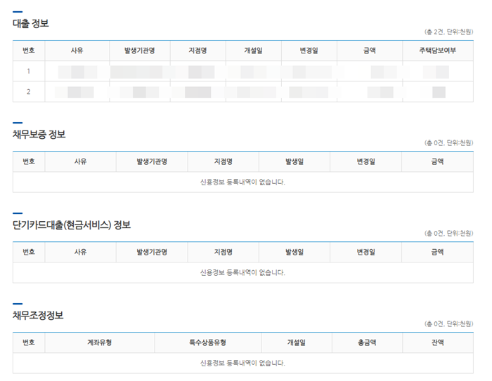 "전국민 무료 신용조회(회원)"내 대출정보 메뉴
