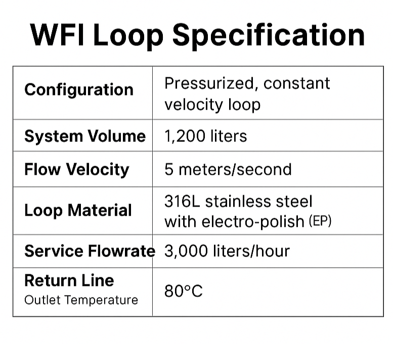 WFI loop specification example with details on capacity, flow rate, material, and piping configuration